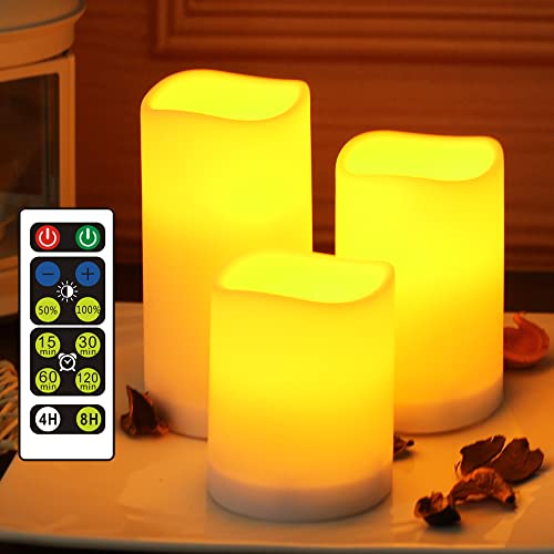 WRalwaysLX Flammenlose Kunststoff-Stumpenkerzen für Außen- und Innenbereich, LED-Kerzen mit Fernbedienung und Timer, 3 Kerzen, verwendet durch 3 AAA-Batterien