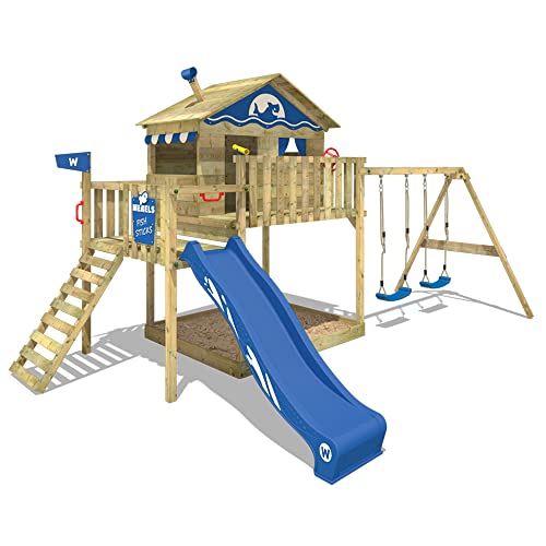 WICKEY Spielturm Klettergerüst Smart Coast mit Schaukel & Blauer Rutsche, Outdoor Kinder Stelzenhaus mit großem Sandkasten, Kletterleiter & Spiel-Zubehör