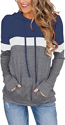 VIGVAN Damen Hoodie Farbblock Kapuzenpullover Casual Pullover Sweatshirt Gestreifte Langarmshirt Kordelzug Oberteile mit Taschen (L, Blau)