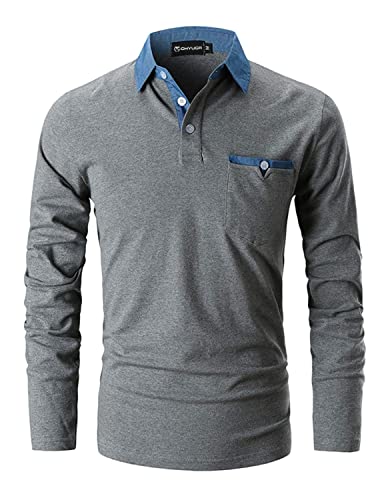 GHYUGR Poloshirts Herren Basic Langarm Baumwolle Polohemd Denim Nähen Golf T-Shirt S-XXL,Grau 1,L