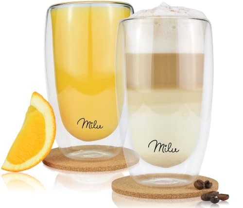 Milu Thermogläser Set – 4 vers. Größen - Doppelwandige Espresso Gläser - Kaffeegläser, Latte Macchiato, Cappuccino Glas - Isolierglas, spülmaschinenfest (2 Gläser, 450ml)