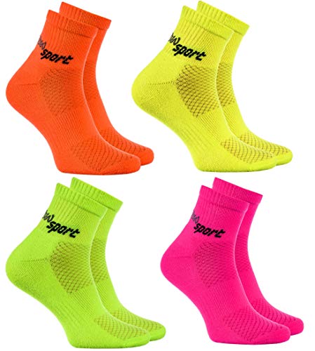 Rainbow Socks - Damen Herren Neon Sneaker Sportsocken - 4 Paar - Orange Grün Gelb Rosa - Größen 39-41