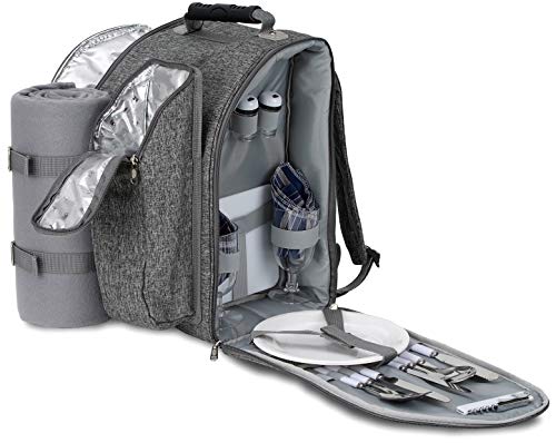 Brubaker Picknickrucksack für 2 Personen Grau 28 × 40 × 22 cm - mit Kühlfach, Iso-Flaschenhalter und Fleece-Decke mit wasserdichter Unterseite