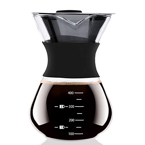 ISKM Manuell Pour Over Kaffeebereiter Kaffeekanne Kaffeezubereiter Kaffeemaschine Karaffe Kaffeefilter Pressfilterkanne Borosilikatglas mit Dauerfilter aus Edelstahl (400ml)
