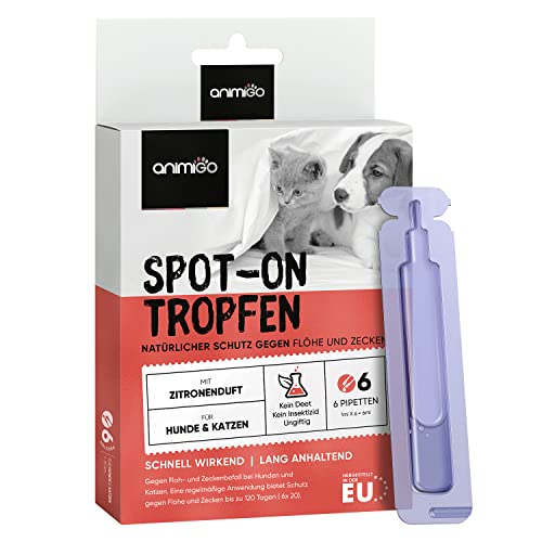 Animigo Spot On für Hunde & Katzen (1-60KG) - 6 Pipetten (6*1ml) - Zecken- & Flohschutz für alle Rassen & Größen - Schutz für 17 Wochen bei Ihrem Haustier - Tropfen mit Zitrusduft - ohne Nebenwirkung