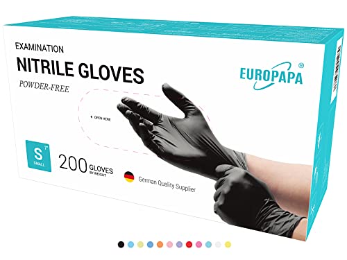 EUROPAPA® 200x Einweghandschuhe Nitrilhandschuhe puderfrei Untersuchungshandschuhe EN455 EN374 latexfrei Einmalhandschuhe Handschuhe in Gr. S, M, L & XL verfügbar (S, Schwarz)
