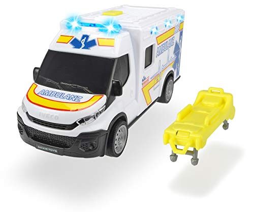 Dickie Toys 203713012 Iveco Daily Ambulance, Krankenwagen, Rettungswagen Trage, Spielzeugauto, zu öffnende Hecktür, Licht & Sound, inkl. Batterien, 18 cm, ab 3 Jahren, weiß