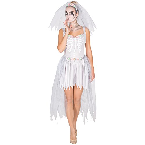 dressforfun Aufwendiges Zombie Braut Skelett Brautkleid Damen Kostüm inkl. Schleier mit Tüll und Blumen (S | Nr. 300058)