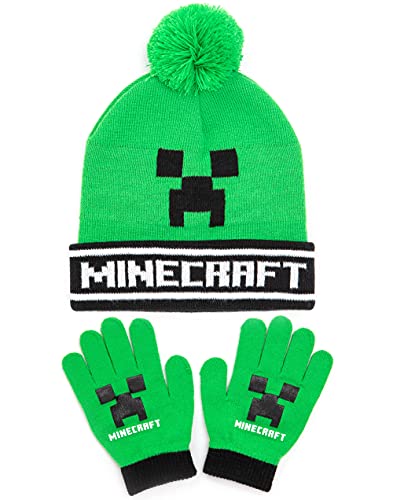 Minecraft Kids Bobble Hat Handschuhe Set Creeper gestrickte Beanie Gamer Geschen Einheitsgröße