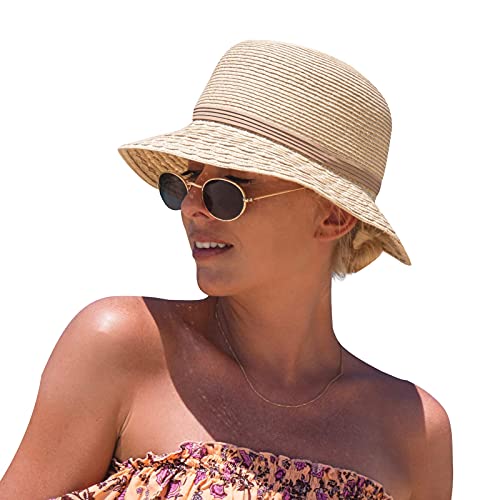 Comhats Faltbarer Strohhut für Damen Sonnenhut am Strand UV Schutz Sommerhut Garten Beige M
