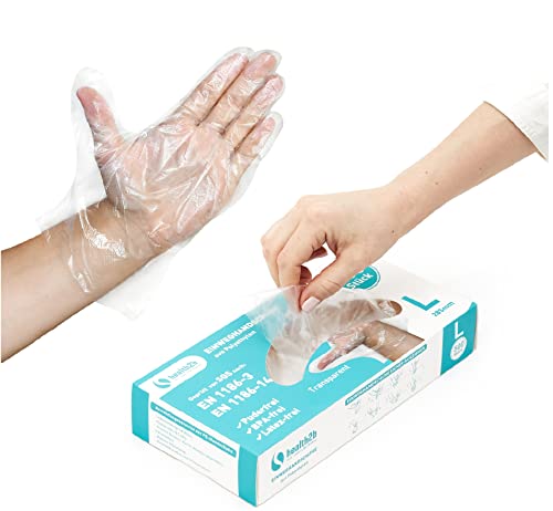 Health2b Einweg Handschuhe 500 Stück Einweghandschuhe L Einmalhandschuhe Mehrzweckhandschuhe LDPE Plastikhandschuhe Transparent, Größe L