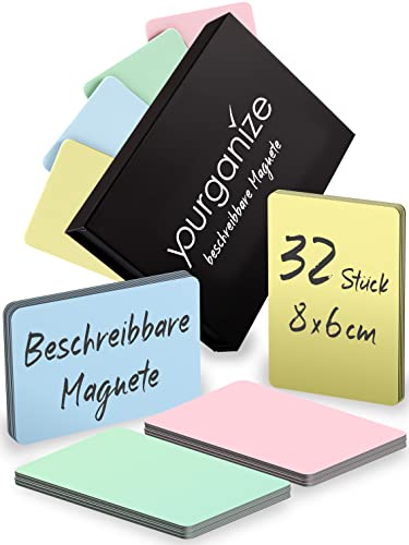 YOURGANIZE® 32 beschreibbare Magnete - 8 x 6 cm (Größe L), 4 Farben - Whiteboard Magnete - wiederbeschreibbare Magnete für Kühlschrank, Whiteboard, Scrum & Kanban Board