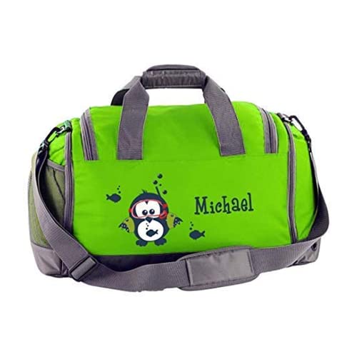 Mein Zwergenland Sporttasche Kinder mit Schuhfach und Nassfach Kindersporttasche 41L mit Namen personalisiert, Motiv Eule, in Lime Grün