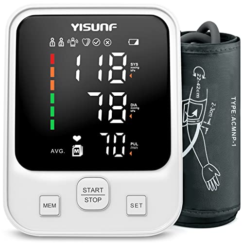 Yisunf Blutdruckmessgerät Oberarm Vollautomatische Digitales Blutdruckmessgerät und Pulsmesser-Detektor, Mit Arrhythmie-Erkennung, Großes LED Display, 22-42 cm Große Manschette, 2x90 Dual-User (Weiß)