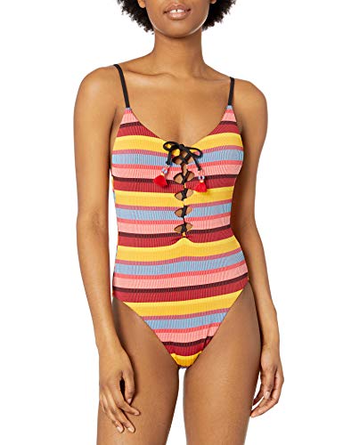 Seafolly Damen V Neck One Piece Swimsuit with Lace Up Front Einteiliger Badeanzug, Baja Stripe Safran, 38