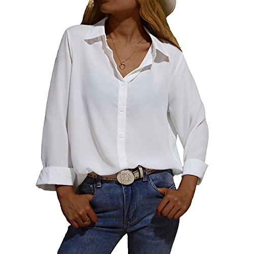 Damen Bluse Elegant Chiffon V-Ausschnitt Hemden Casual Langarm Arbeit Oberteile mit Knöpfen Tops Langarmshirt(Weiß,L)