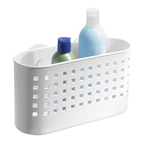 iDesign Duschablage mit Saugnapf, großer Duschkorb ohne Bohren aus Kunststoff, Seifenablage mit Ablauföffnungen für die Dusche, weiß