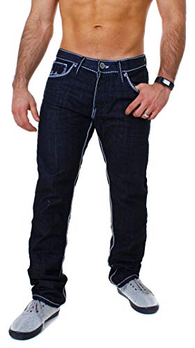 Amica Herren Denim Jeans Hose Straight Leg gerade Passform Vintage Look mit Kontrastnähte, Grösse:W30, Farbe:Dunkelblau/Weiß