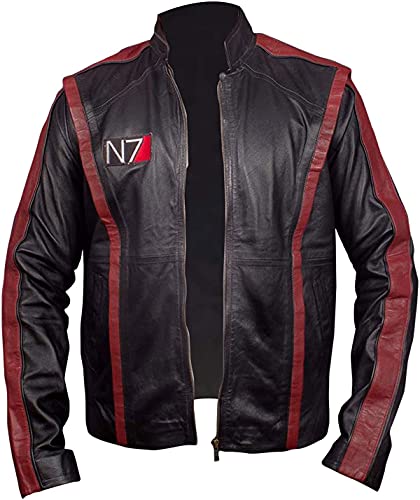 EU Fashions Herren N7 Mass Effect 3 Street Fighter Commander Shepard Gaming Kostüm Schwarz Lederjacke, Schwarz – N7 Logo Echtleder Jacke, XX-Small