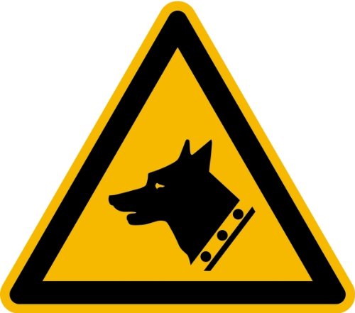 Aufkleber Warnung vor dem Wachhund gemäß DIN 7010 Folie selbstklebend 100 mm (freilaufender Hund, Warnschild) praxisbewährt, wetterfest