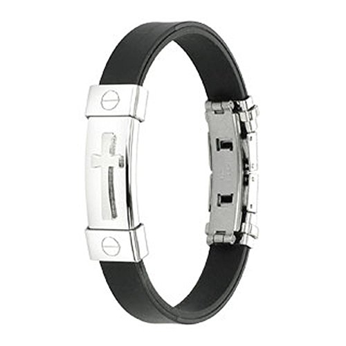 Bungsa® Armband schwarz mit silbernem Kreuz größenverstellbar Gummi (Edelstahl Armband Damenarmband Herrenarmband Bracelet Schmuck elastisch)