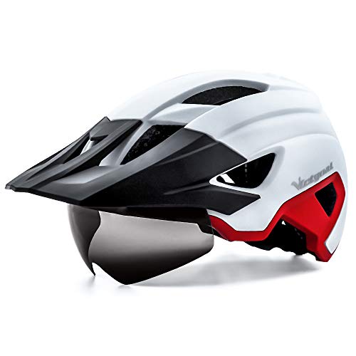 VICTGOAL Fahrradhelm MTB Helm für Erwachsene Leichte Stadt-Fahrradhelm LED Rücklicht mit Magnetischem Brille Abnehmbarer Visier Verstellbar Radhelm für Herren Damen (Weiß Rot)