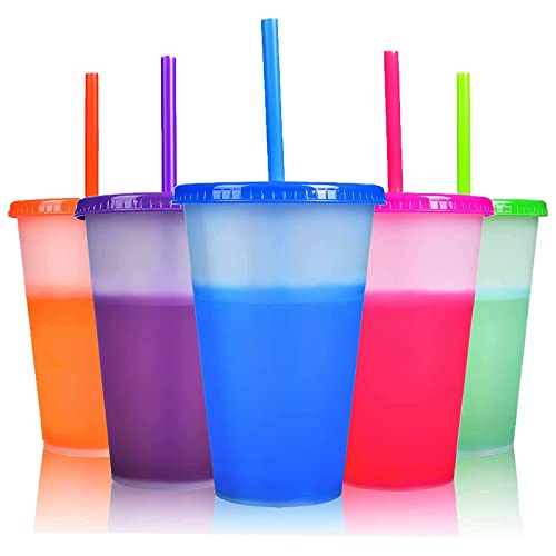 Farbwechsel Becher - 24oz Plastikbecher Trinkbecher mit Deckel & Strohhalm - 5 Stück BPA Frei Kaffeebecher to Go Reisebecher Tasse für Kinder Erwachsene Wiederverwendbar Kaltgetränkebecher