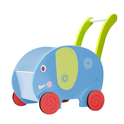 labebe Kinder Lauflernwagen Holz Blau Elefant Lauflernhilfe Kinderwagen Aktivität Walker Push Pull Spielzeug für 1-3 Jahre