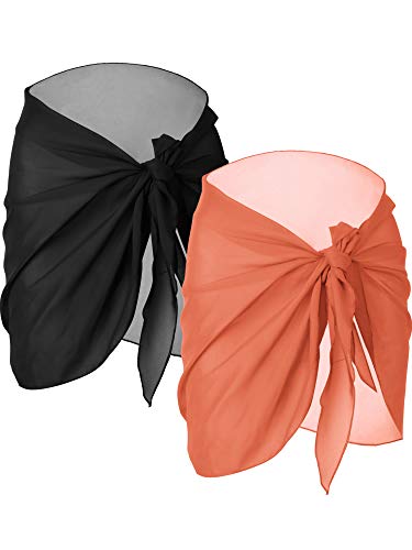 Chuangdi 2 Stück Sarong Coverups für Frauen Badeanzug Wickelrock Strand Bikini Cover Up Bademode Chiffon, schwarz/orange