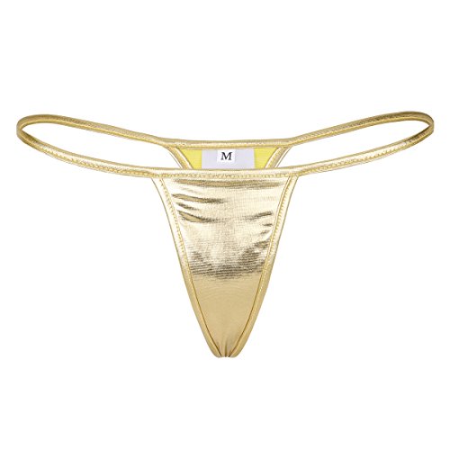 FEESHOW Damen Metallic Mini String Bikini Slips Wetlook G-String Tanga T-Back Reizvolle Dessous Lingerie Swimwear Gold One Size