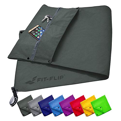 Fit-Flip Fitness Handtuch Set mit Reißverschluss Fach + Magnetclip + extra Sporthandtuch | zum Patent angemeldetes Multifunktionshandtuch, Mikrofaser Handtuch - Dunkelgrau
