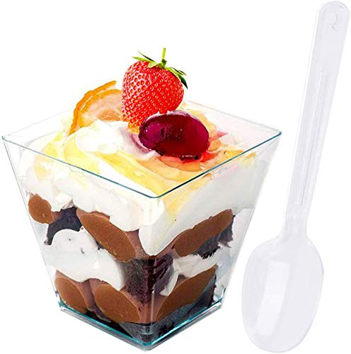 Gxhong 50 Stück Desserttassen, 2 OZ 60ML Desserttassen aus Kunststoff mit 50 Stück Suppenlöffel, Wiederverwendbar Plastik Dessertbecher für Mousse Pudding Eiscreme Food Dessert Party
