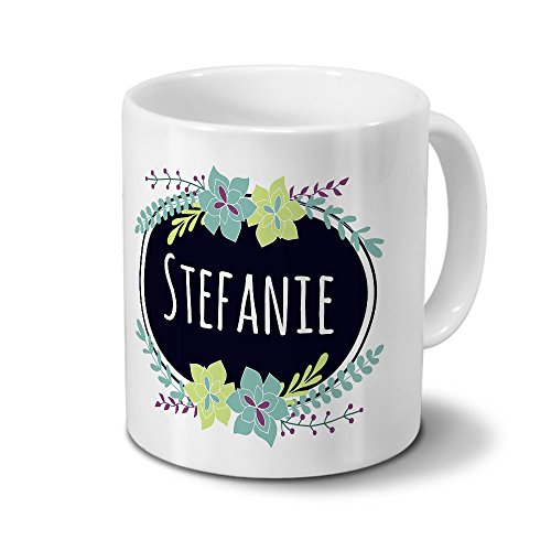printplanet Tasse mit Namen Stefanie - Motiv Flowers - Namenstasse, Kaffeebecher, Mug, Becher, Kaffeetasse - Farbe Weiß