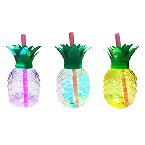 Cabilock 3Pcs Ananas Tasse mit Stroh Licht up LED Ananas Tumbler Getränke Saft Tasse für Hawaiian Tropical Luau Sommer Strand Partei 500Ml