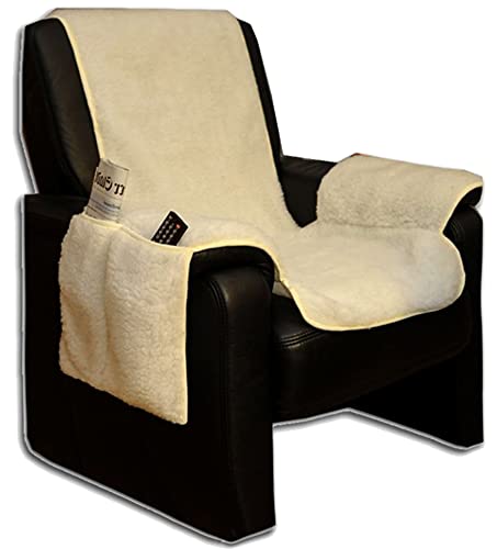Sesselschoner Sesselüberwurf Sesselauflage Sesselbezug Polster kuschelweich in Lammflor-Optik - mit seitlichen Taschen - Natur