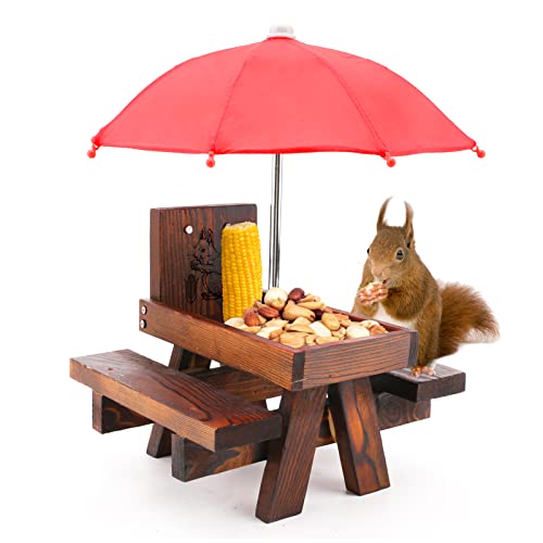 icyant Eichhörnchen Futterhaus, Holz Eichhörnchen Futterhaus für draußen mit Regenschirm und Maisständer,hängende Eichhörnchen-Futterstation Chipmunk-Futterstation, inklusive Schrauben (Rot)