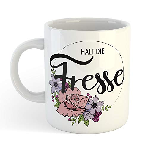Close Up Halt die Fresse - Blumen Motiv - Lustige Fun Tasse - weiße Premium Kaffeetasse - 320 ml