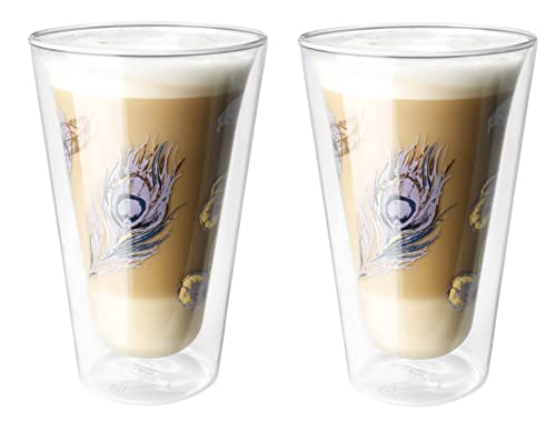 Montepreti Design Latte Macchiato Gläser Pfauenfeder, XXL 450ml, großes doppelwandiges Borosilikatglas Kaffeeglas, auch für Espresso Kaffee Tee (2)