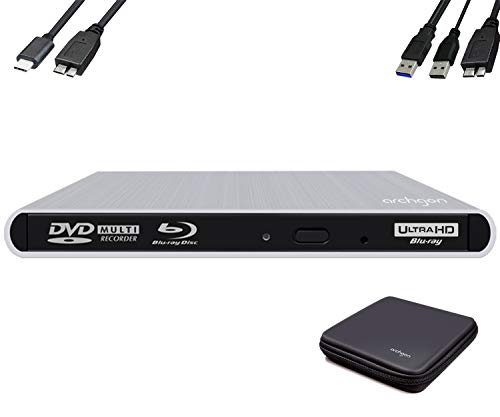 Archgon Style UHD Externer 4K-Ultra HD BD Player, Blu-ray BDXL Brenner extern für PC USB 3.0 / -C, M-Disk, Schutzbox, externes UHD BluRay Laufwerk, Alu Silber