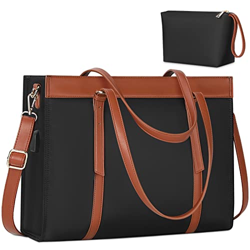 KTMOUW Shopper Damen Groß 15.6 Zoll Wasserdicht Handtasche Laptoptasche Business Schule Laptop Umhängetasche mit USB-Ladeanschluss Schwarze