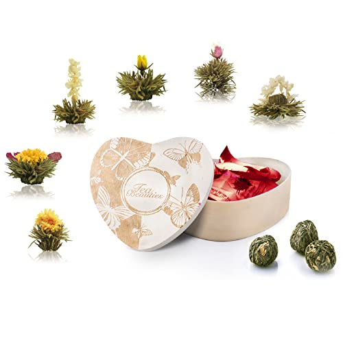 Creano Erblühtee Teeblumen in Holzschachtel in Herzform 6 Sorten aus weißer Tee, Geschenk für Frauen, Mutter, Teeliebhaber