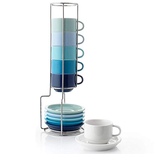 Sweese 404.003 6-teilig Stapelbare Espressotassen Set aus Porzellan, Kaffeetassen mit Untertasse und Metall Ständer, Blaue Serie, 75 ml