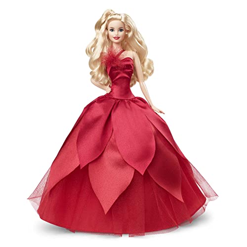 Barbie HBY03 - Signature Holiday Puppe 2022 (blonde Haare) im roten Kleid, mit rotem Lippenstift und goldenen Ohrringen, Spielzeug für Kinder ab 6 Jahren