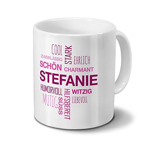 printplanet Tasse mit Namen Stefanie Positive Eigenschaften Tagcloud - Pink - Namenstasse, Kaffeebecher, Mug, Becher, Kaffeetasse