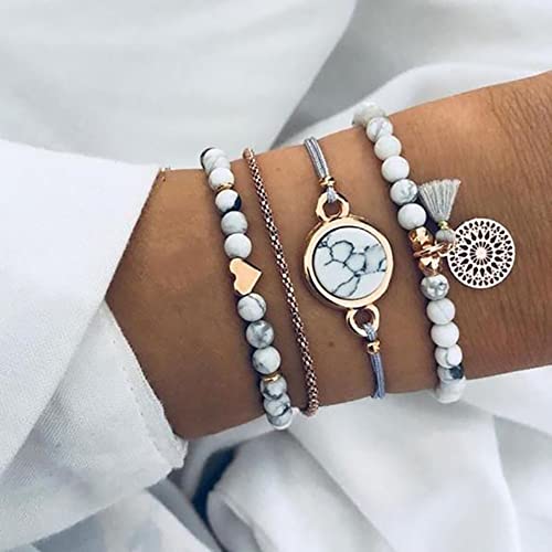 Edary Armband Set mit Quasten, weißes Marmor-Armband, mit Herz Armbänder, Perlen-Handkette, verstellbar, für Damen und Mädchen
