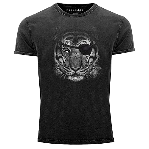 Neverless® Herren T-Shirt Vintage Shirt Tiger Augenklappe Eyepatch Printshirt Aufdruck Used Look Slim Fit schwarz XL