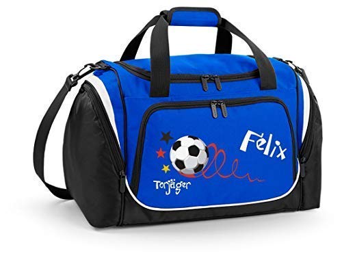 Mein Zwergenland Sporttasche Kinder personalisierbar mit Schuhfach, Kindersporttasche 39L mit Name und Torjäger Bedruckt in Royal Blau