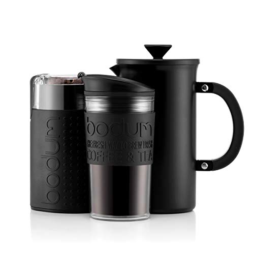BODUM-KAFFEESET – Cafetière-Kaffeebereiter (1 Liter/8 Tassen) aus Edelstahl, doppelwandiger Reisebecher und elektrische Kaffeemühle - Schwarz