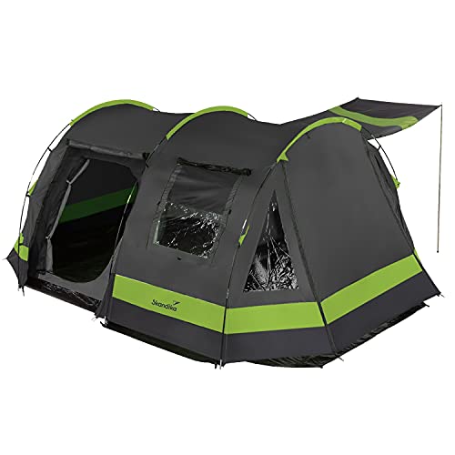 Skandika Kambo Tunnelzelt für 4 Personen | Zelt mit Schlafkabine für 4 Mann, Wasserdicht mit 3000 Wassersäule, 3 Eingänge, Sonnendach, Vorzelt | Campingzelt in anthrazit/grün