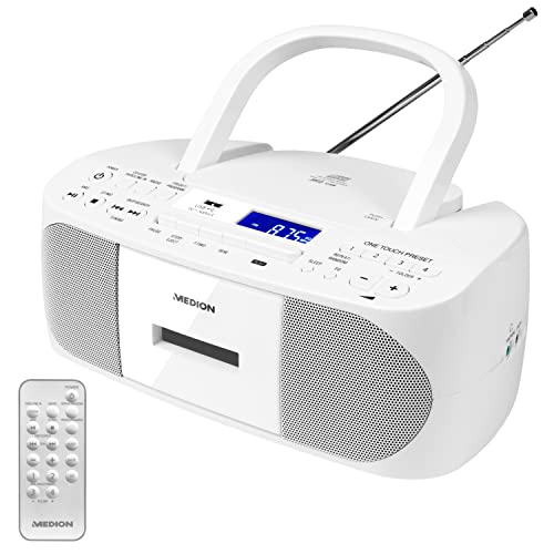 MEDION E65010 Stereoradio (CD-Player, Kassette, USB Anschluss, AUX Audioeingang, MP3-Widergabe. UKW PLL Radio,40 Senderspeicher, Batteriebetrieb, Fernbedienung) weiß